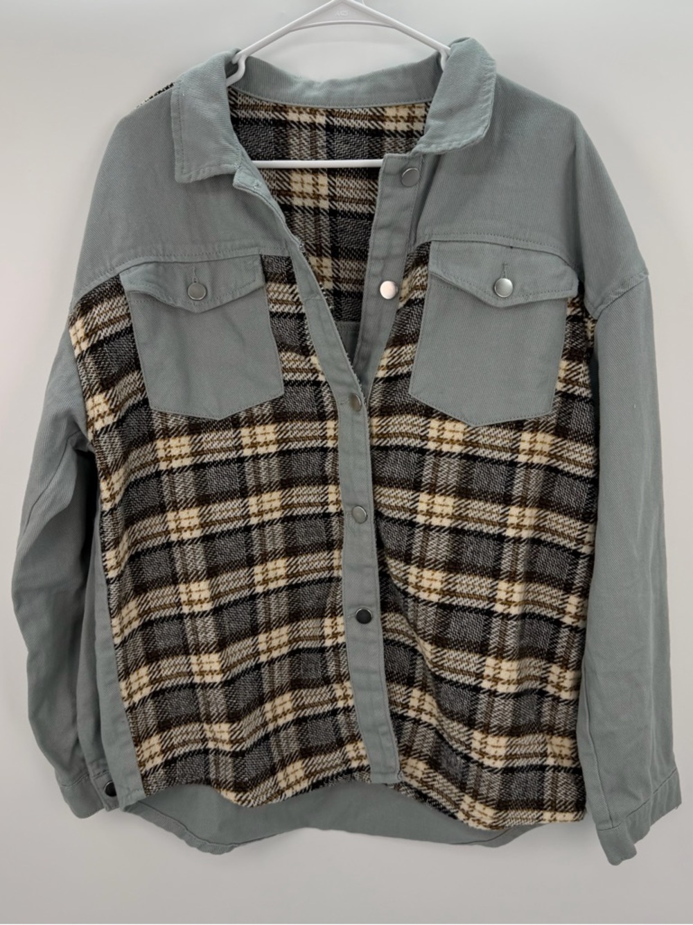 Mixed Media Shacket Size L Gray Plaid Color Block Snap Button Oversized